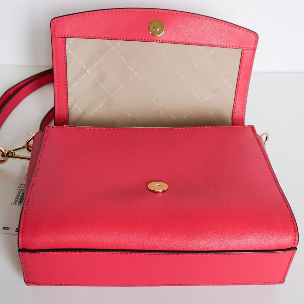 Michael Kors Ellis Medium Flap Messenger Shoulder Leather Bag Electric Pink - Picture 5 of 12